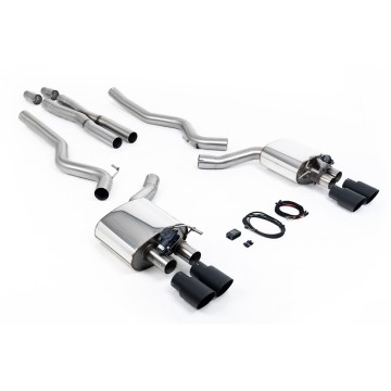 Ford Mustang 5.0 V8 GT (Fastback) - Valved Cat-Back Exhaust System with Quad Black GT-90 Trims - Cerakote Black